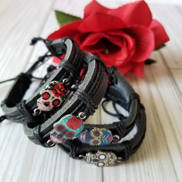3/$30♥️ Sugar Skull Black Leather Bracelet Unisex - Picture 5 of 9